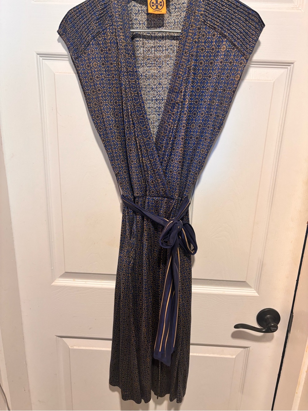 Tory Burch Navy and Gold Printed Wrap Midi Dress